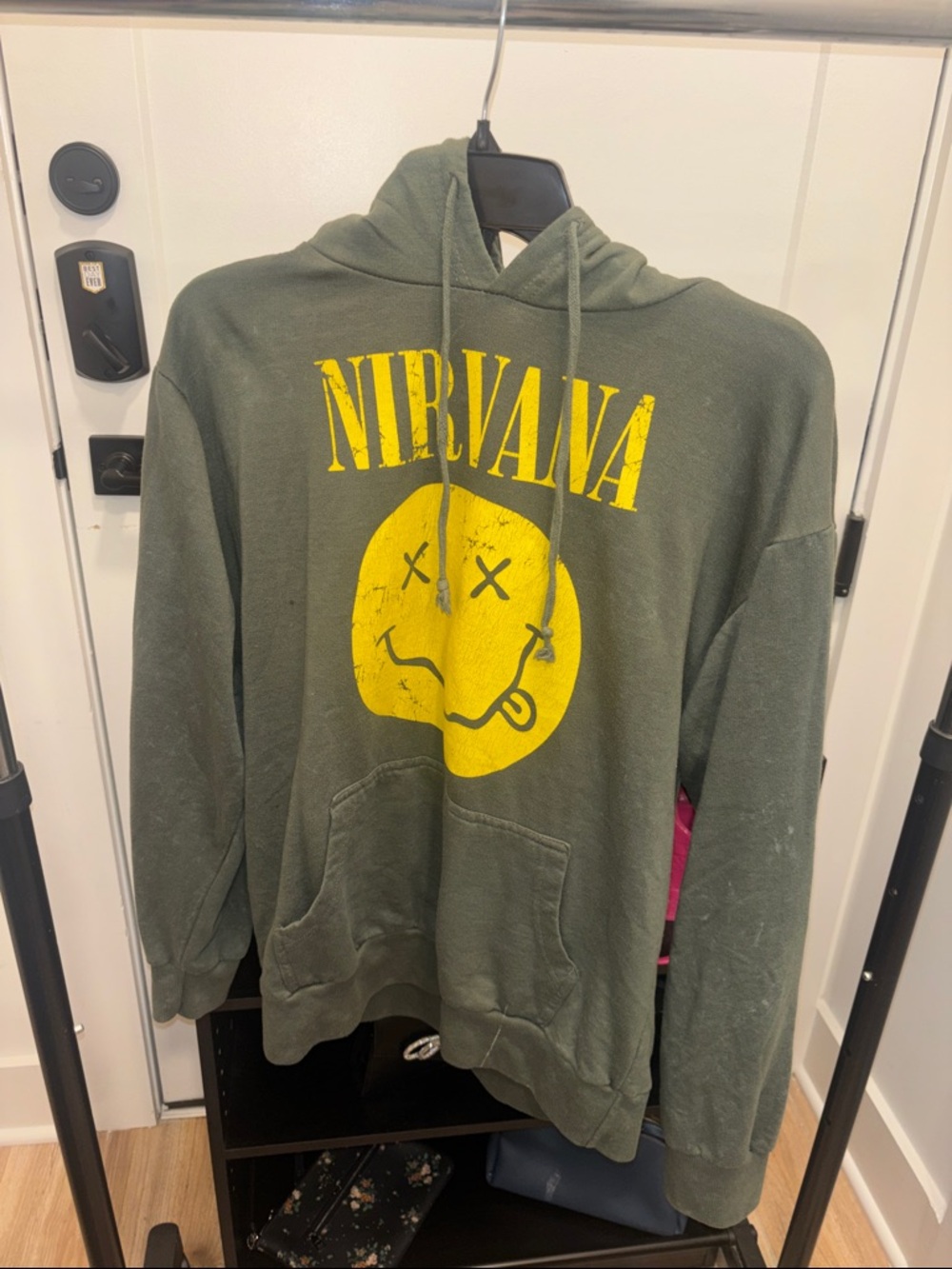 NIRVANA Olive Green Zip-Up Style Hoodie with Yellow Smiley Logo